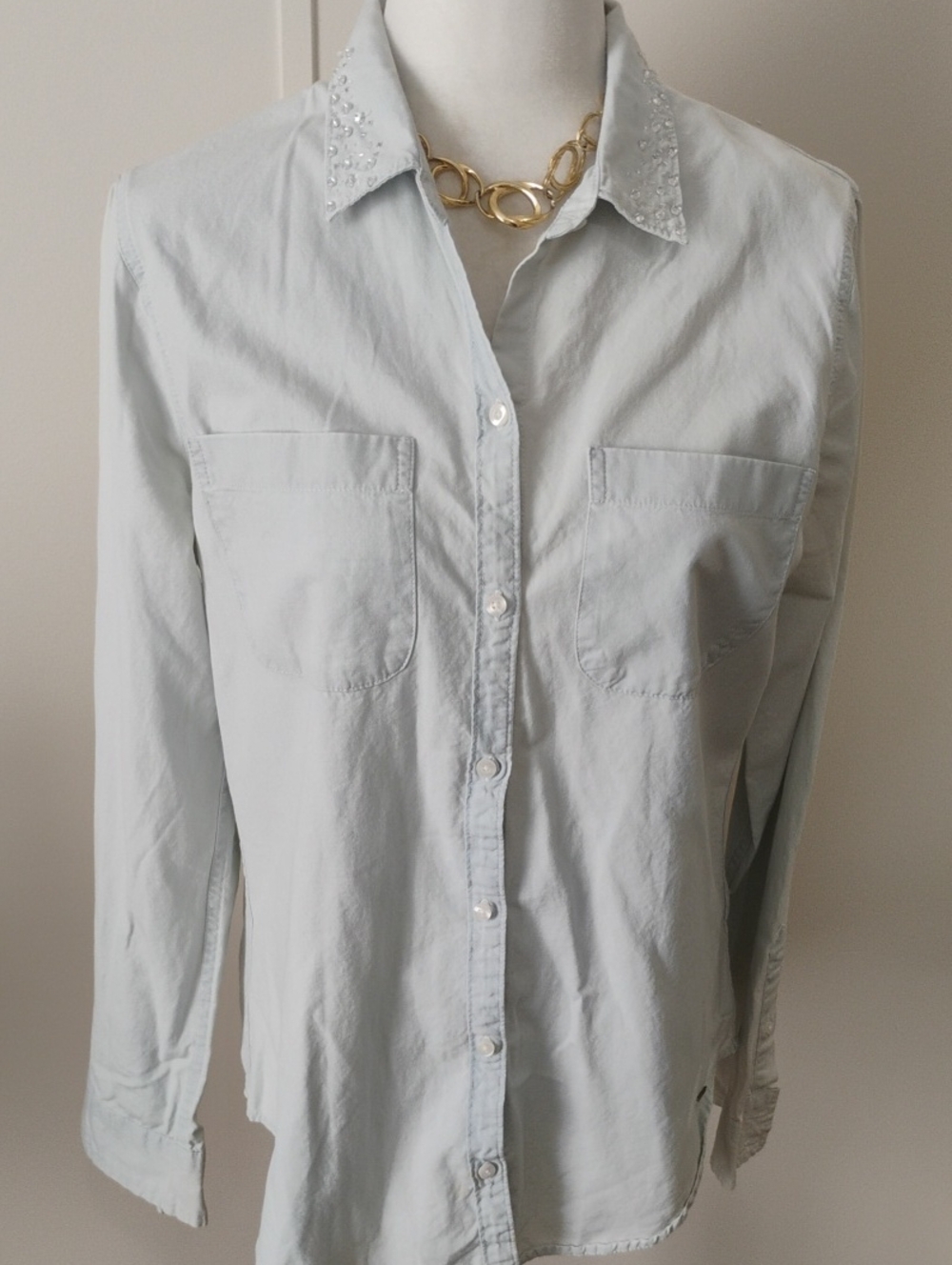 Hollister Faded Jean Long-Sleeve Button-Down Shirt with Embellished Collar